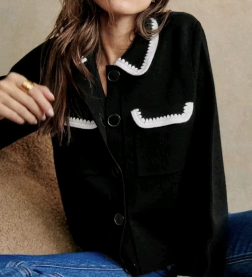 Sezane Betty Cardigan Black & Ecru Crochet - Size M